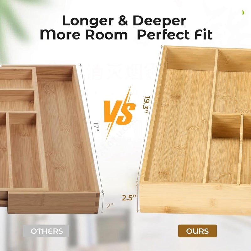 Fabsome Silverware Organizer for Kitchen Drawers, 2.5'' Deep 18.8'' Wide Bamboo Wood Flatware Tray with Deep Slots for Large Cutlery Utensil Drawer - Image 4